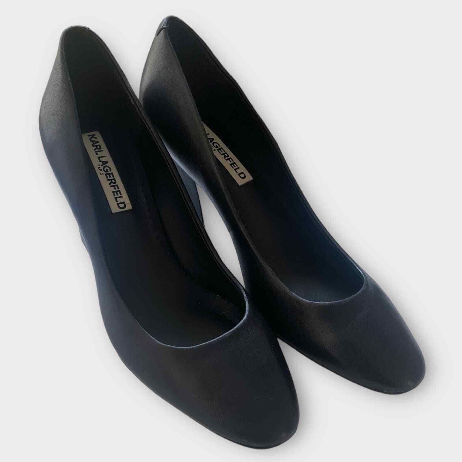 Karl Lagerfeld Paris Black Leather Pumps Sz 8 Chic With Mirror Detail Office